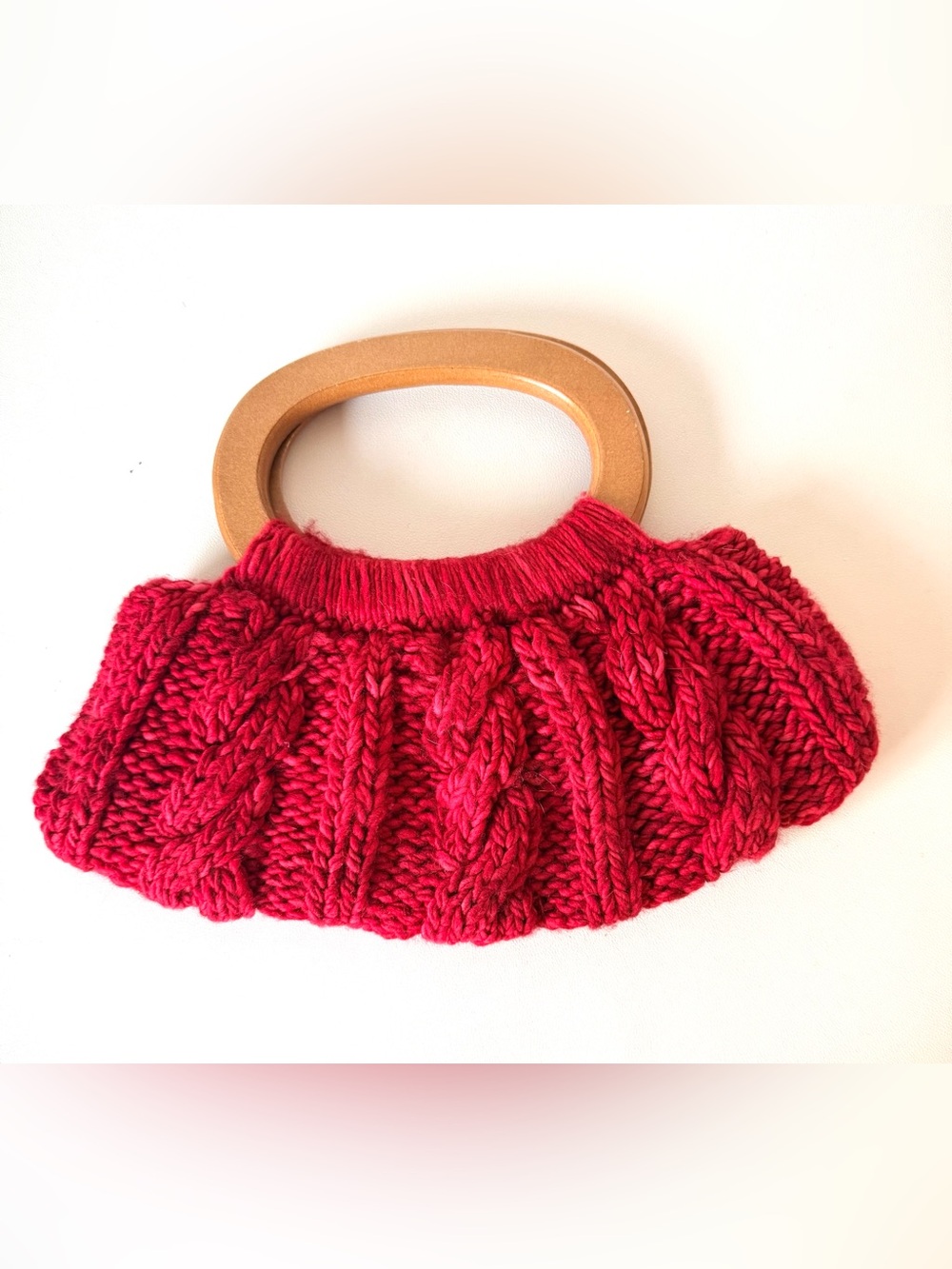 Hand-Knit Cable Clutch Bag Purse in Red with Wooden Handles